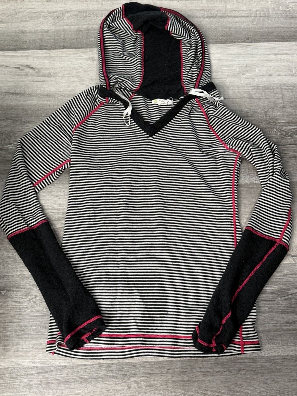 Dakini Womens Large 100% Merino Wool Striped Hoodie Pullover Black Pink